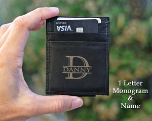 FOR DAD & GRANDPA Genuine Leather RFID Blocking Personalized Slim Money Clip Wallet for Men Women Laser Engraved Birthday Fathers Day Best Husband Gift