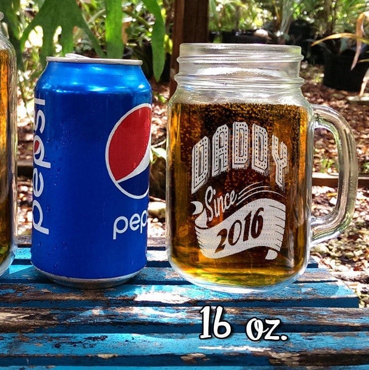 FOR DAD & GRANDPA New Daddy Since Design Gift Idea Laser Engraved Mason Jar Personalized Mug for Step Dad, Dad, Daddy, Papa from Wife Son Daughter