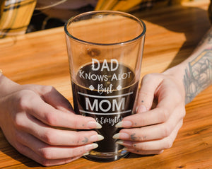 FOR DAD & GRANDPA ONE Dad Knows Alot But Grandpa Knows Everything Funny Gag Gift for Him Her Mom Grandma Sister Family Comedy Pub Glass New Grandpa Daddy