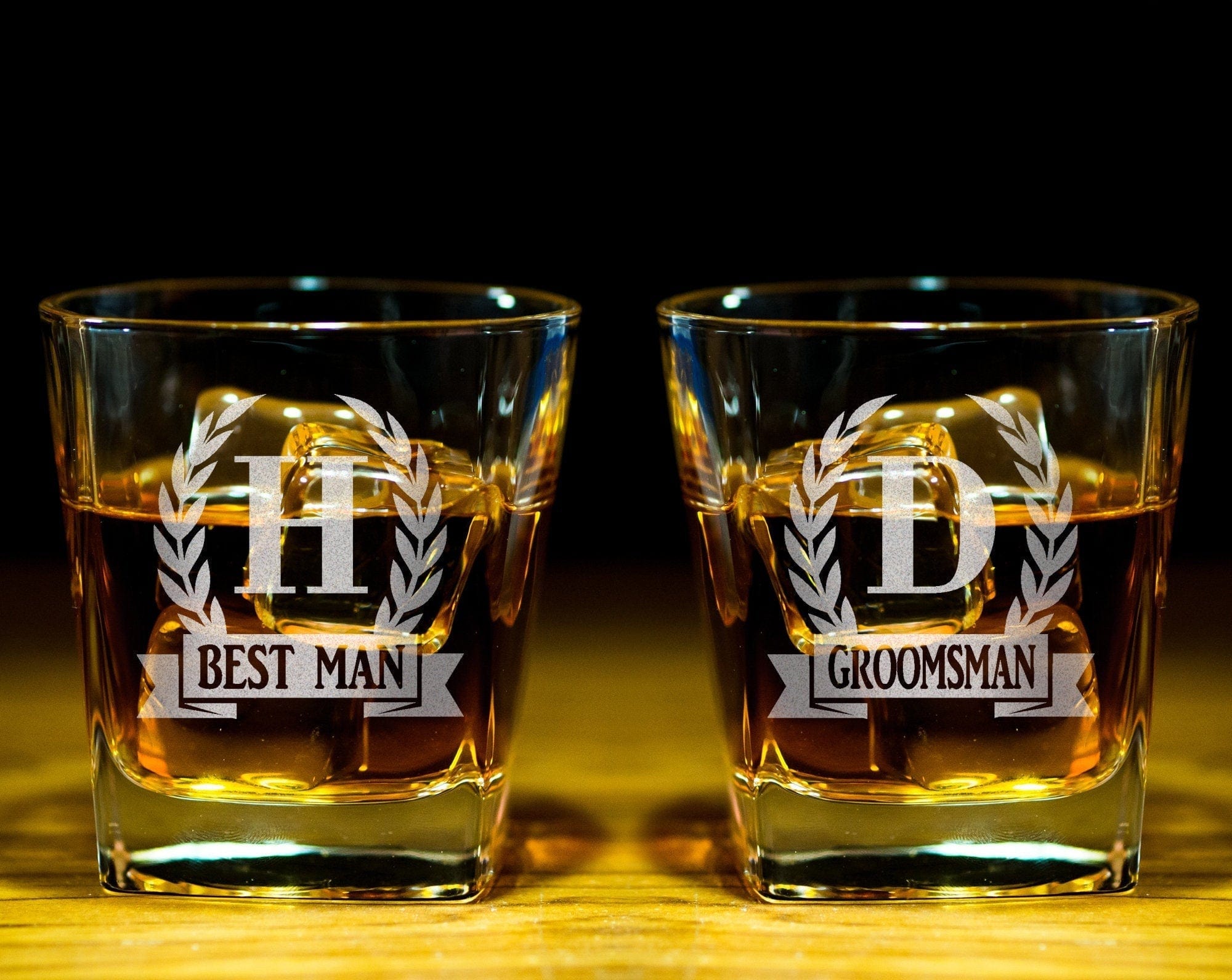FOR DAD & GRANDPA Personalized Initial Monogram Wreathe Scotch Rock Glasses Husband Engraved Gift for Grandpa Dad Whiskey Lover Wedding Set for Bride Groom