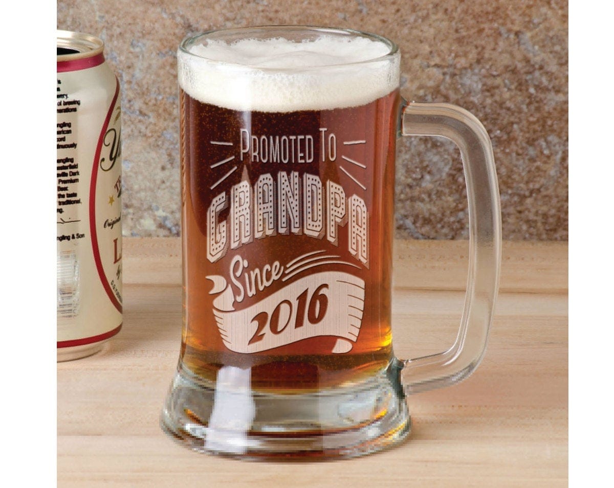 FOR DAD & GRANDPA Promoted to Grandpa Since 2020 Retro Beer Mug 16 Oz  Engraved Glass New Grandfather Fathers Day Gift Idea Etched Amouncement Gift Papa Pops