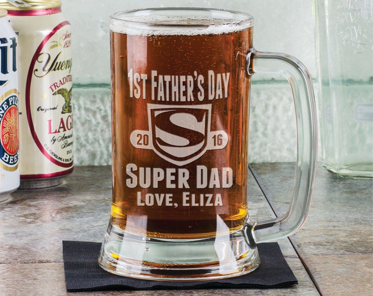 FOR DAD & GRANDPA Super DAD First Fathers Day 16Oz Beer Mug Engraved with Year Names Personalized Fathesr Day Gift Idea Etched For Papa, Daddy, Dad, Step Dad