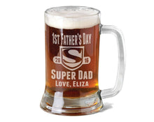 FOR DAD & GRANDPA Super DAD First Fathers Day 16Oz Beer Mug Engraved with Year Names Personalized Fathesr Day Gift Idea Etched For Papa, Daddy, Dad, Step Dad