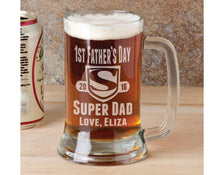 FOR DAD & GRANDPA Super DAD First Fathers Day 16Oz Beer Mug Engraved with Year Names Personalized Fathesr Day Gift Idea Etched For Papa, Daddy, Dad, Step Dad