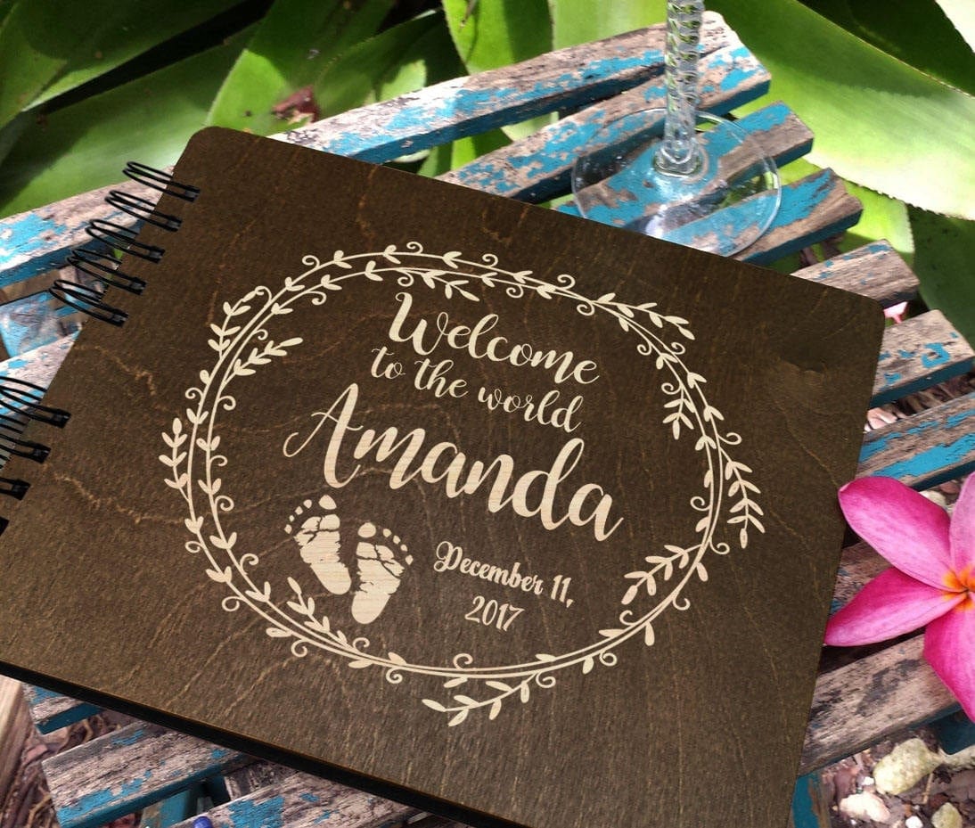 FOR KIDS & BABIES Burnt Cocoa 80 Pages / Blank Pages Baby Shower Guest Book Personalized Wooden Guestbook  8.5x7" Made in USA  Baby Shower Party Supplies Baby Shower Decor Wood Rustic Boy Girl