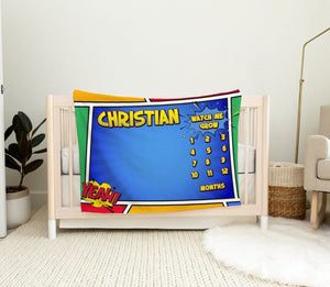 FOR KIDS & BABIES Monthly Milestone Baby Blanket | Personalized Baby Blanket | Custom Baby Blanket | Superhero Comics Baby Boy | Personalized Baby Gift