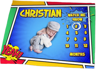 FOR KIDS & BABIES Monthly Milestone Baby Blanket | Personalized Baby Blanket | Custom Baby Blanket | Superhero Comics Baby Boy | Personalized Baby Gift
