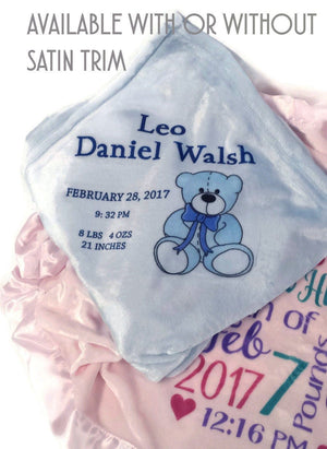 FOR KIDS & BABIES Personalized Baby Blanket Monogrammed Baby Blanket Blue Satin Trim for Boys Receiving Blanket Photo Prop Crib Blanket Baby Shower Gift