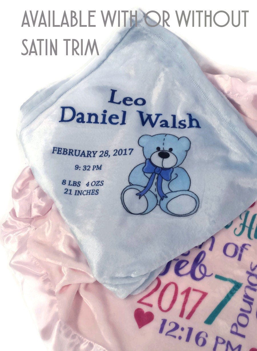 FOR KIDS & BABIES Personalized Baby Blanket Monogrammed Baby Blanket Blue Satin Trim for Boys Receiving Blanket Photo Prop Crib Blanket Baby Shower Gift