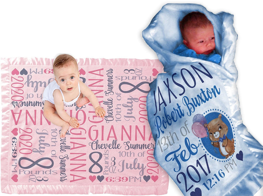 stroller blankets for babies Personalized Baby Blanket Satin Trim Super Girl Blue Boy Birth Stats Receiving Blankets Stroller Fleece Nursery Baby Shower Gift– Stocking Factory