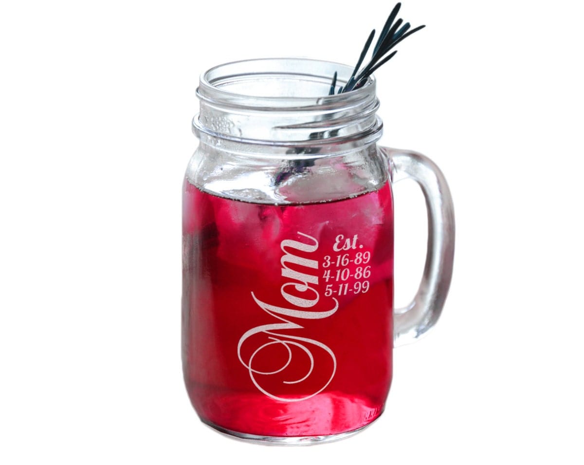 FOR MOM & GRANDMA Gift For Mom Mason Jar Mug from Son or Daugher Personalized with Est. Kids Birthdates Birthday Present for Mommy from Baby, Son, Daughter