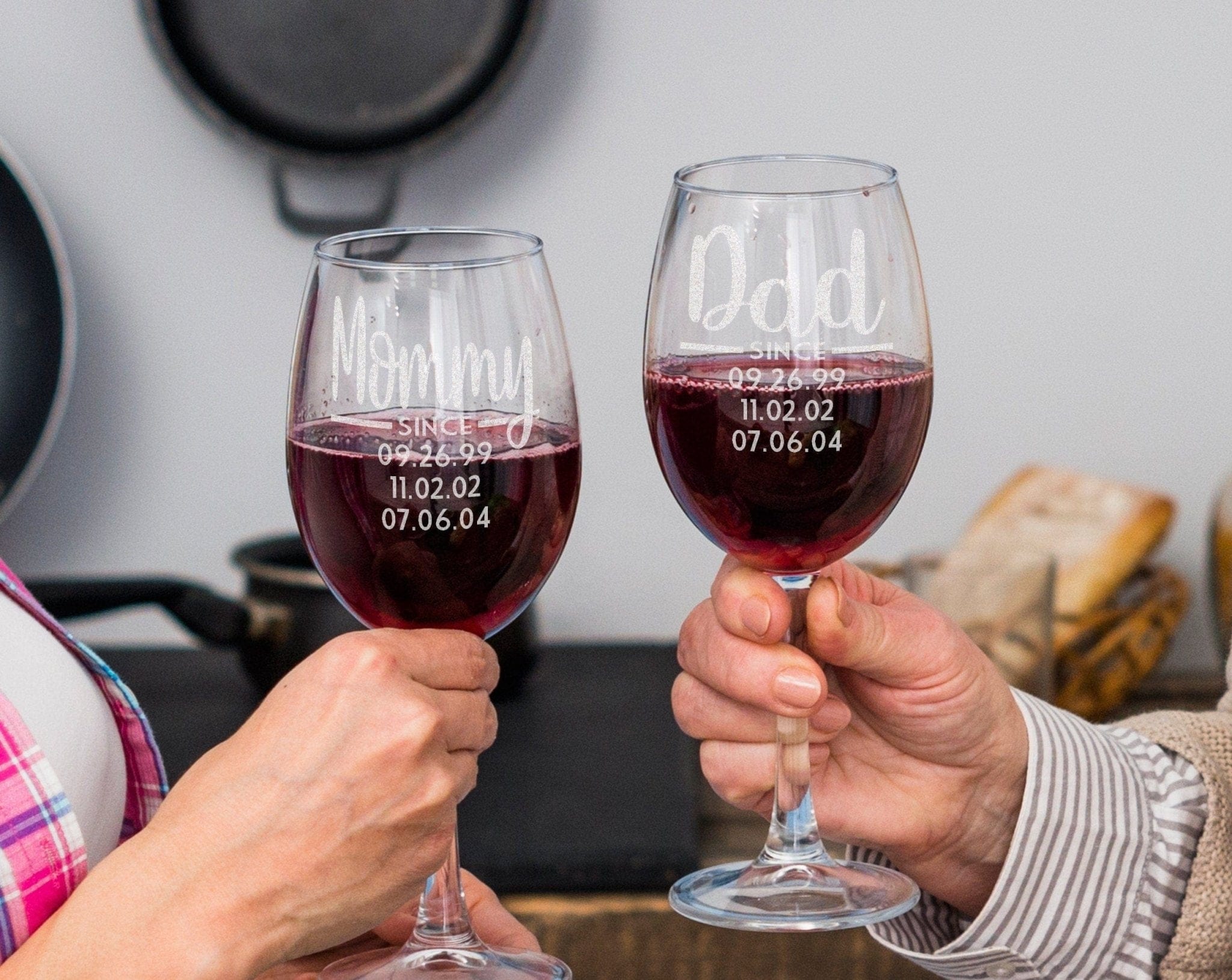 FOR MOM & GRANDMA Happy First Mother's Day Father's Set of 2 Wine Glasses Personalized Kids Birthdates from Daughter Son New Mommy Retirement Congratulations
