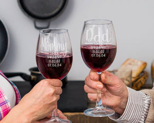 FOR MOM & GRANDMA Happy First Mother's Day Father's Set of 2 Wine Glasses Personalized Kids Birthdates from Daughter Son New Mommy Retirement Congratulations