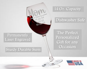 FOR MOM & GRANDMA Happy First Mother's Day Father's Set of 2 Wine Glasses Personalized Kids Birthdates from Daughter Son New Mommy Retirement Congratulations