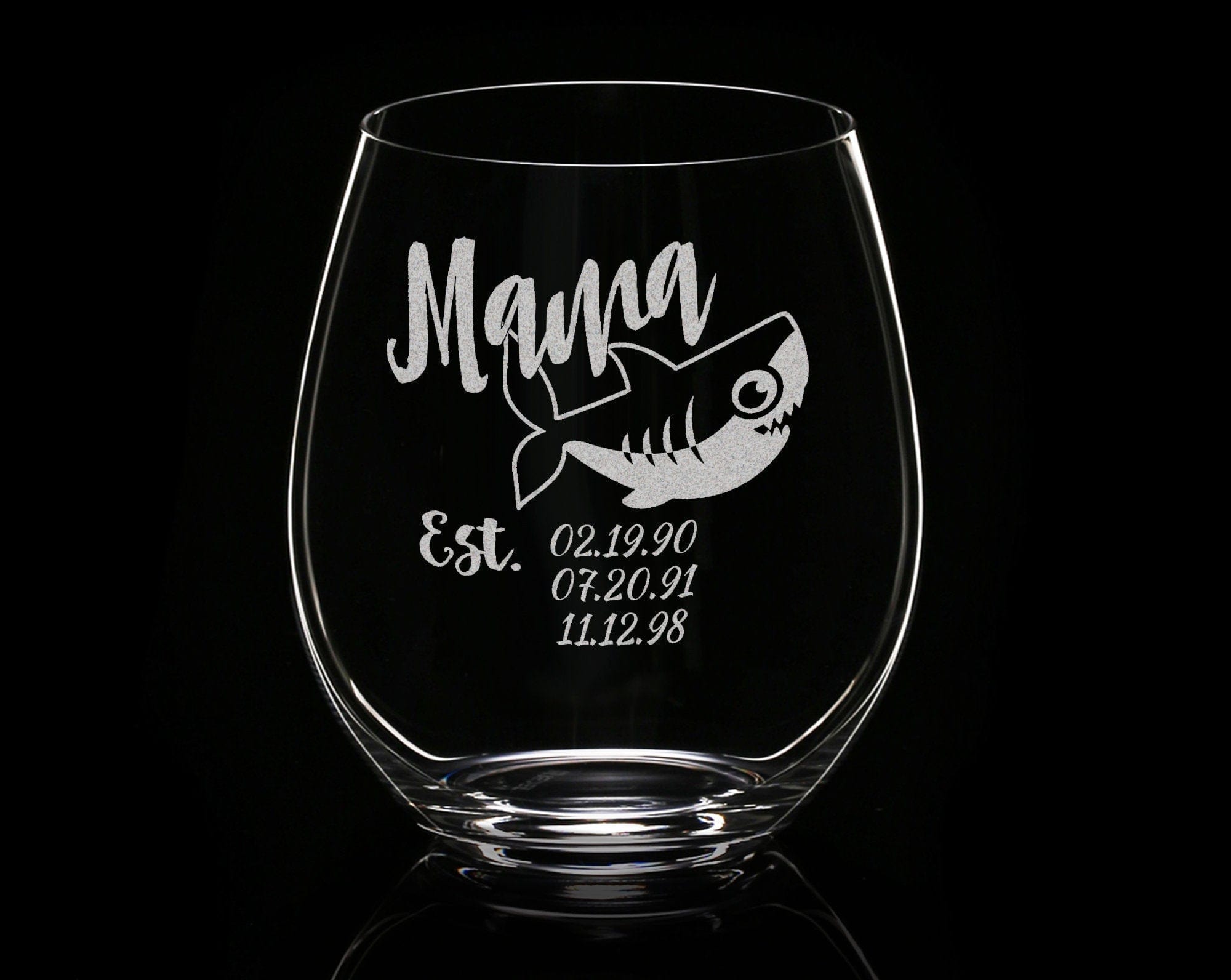 FOR MOM & GRANDMA Mama Shark Est. Children Novelty Stemless Champagne Glass First Mothers Day Gift from Daughter, Son Baby Shower for New Mom Wife Birthday