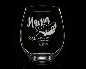 FOR MOM & GRANDMA Mama Shark Est. Children Novelty Stemless Champagne Glass First Mothers Day Gift from Daughter, Son Baby Shower for New Mom Wife Birthday