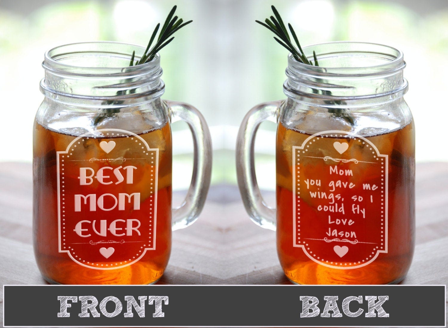 FOR MOM & GRANDMA Mom Birthday Christmas Gift BEST MOM EVER Engraved Mason Jar with Handle Glasses Personalized Drinking Mug Glass Etched Gift from Kids