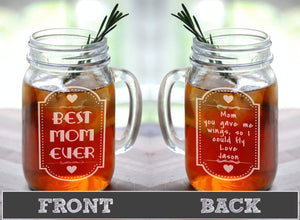 FOR MOM & GRANDMA Mom Birthday Christmas Gift BEST MOM EVER Engraved Mason Jar with Handle Glasses Personalized Drinking Mug Glass Etched Gift from Kids