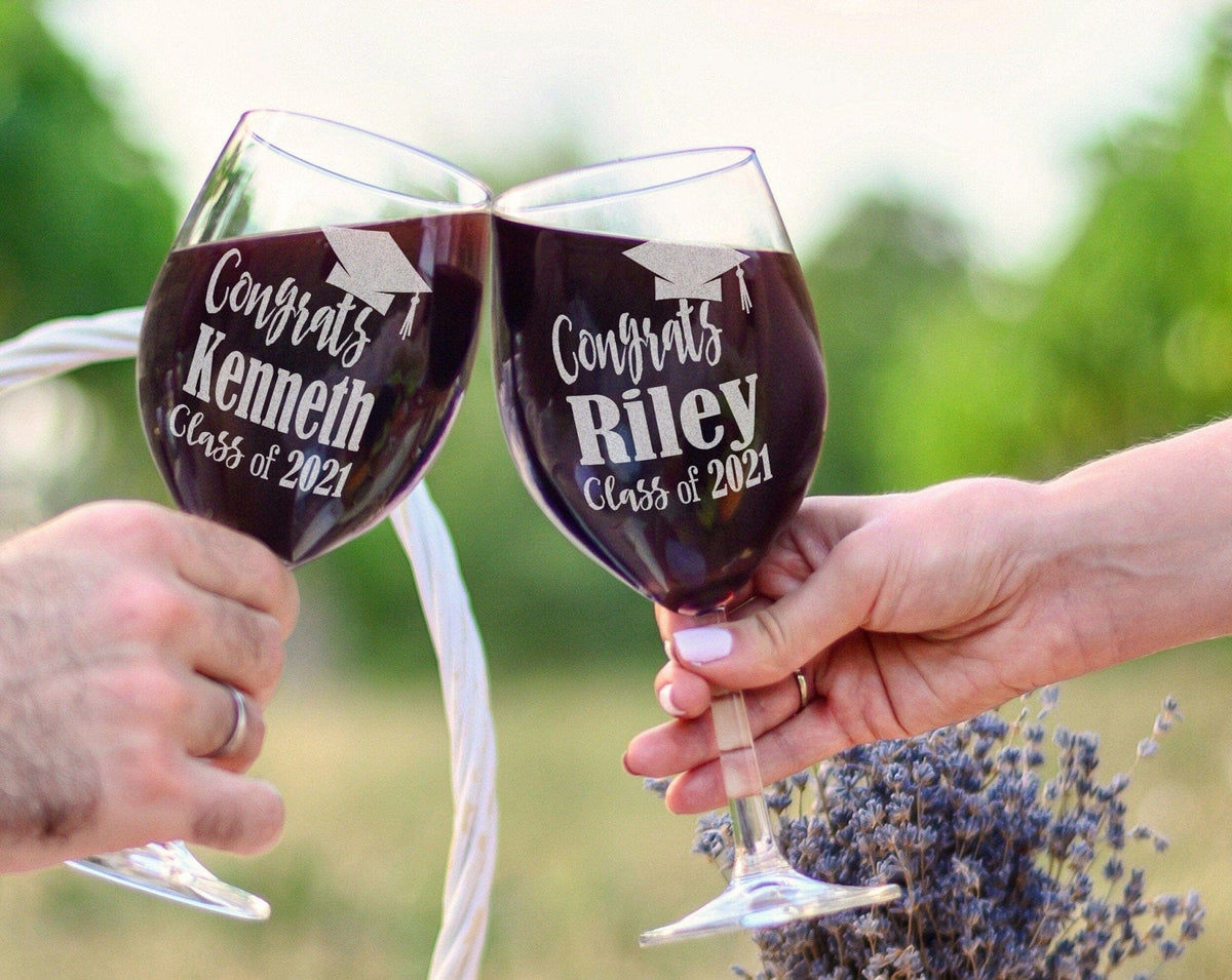 GRADUATION Congrats Class of 2022 Personalized Wine Glass for Graduates Him Her We Did it! Masters Bachelor Degree Celebratory Party Favor Laser Etched