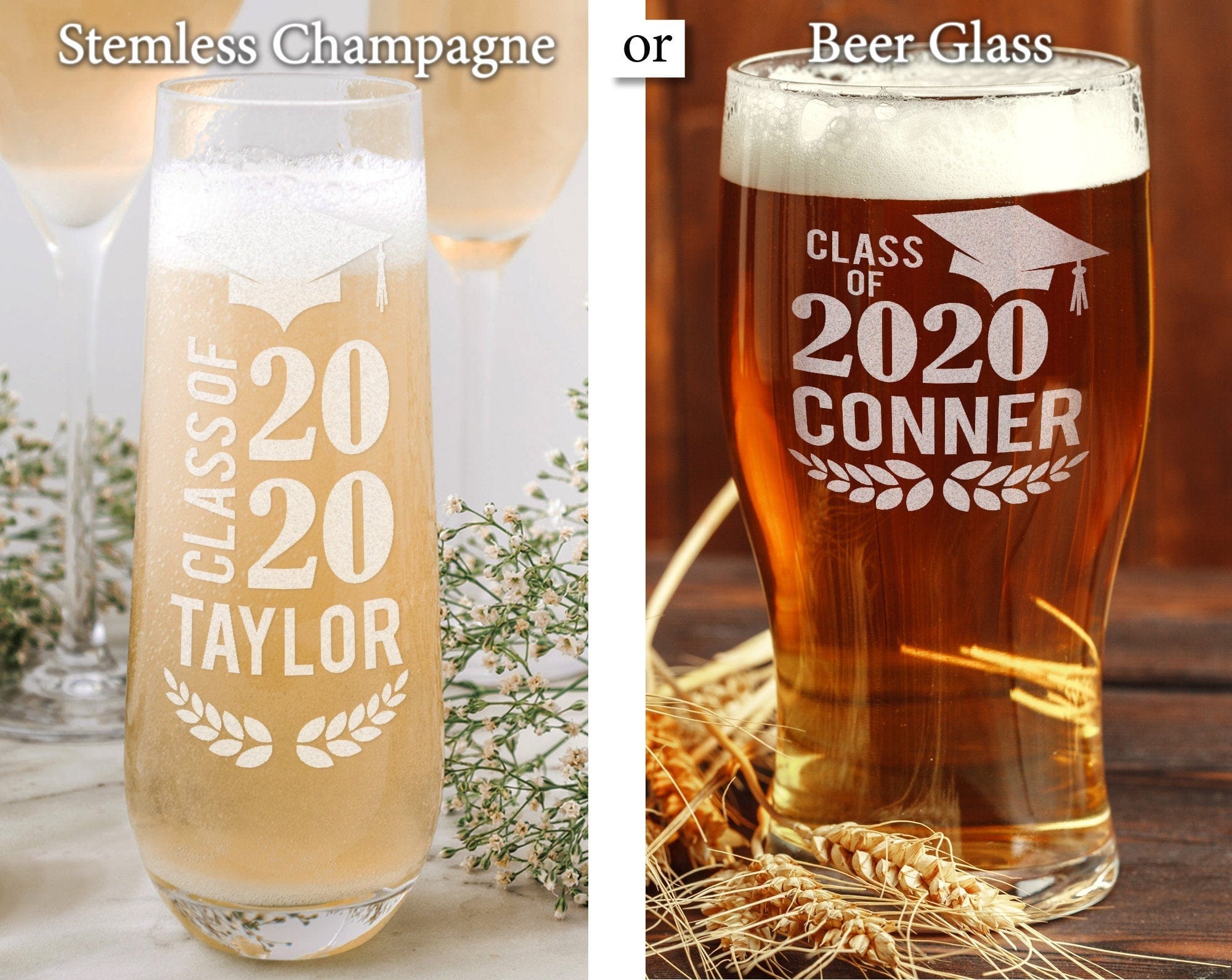 GRADUATION Custom Stemless or Beer Mug Celebratory Son Daughter Mimosa Graduation College Toasting Glass for Family Friends Grad Gift 2020 Party Favors