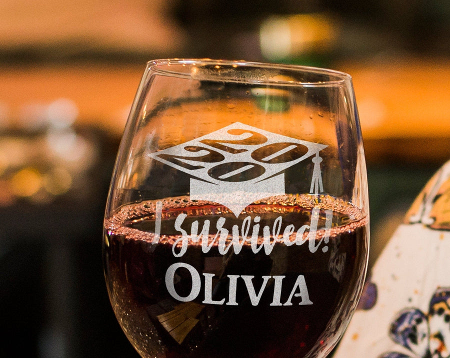 I Survived ONE Graduation Party Gifts for Women Stemless Wine Glass Class of 2020 Personalized Tassel College Grad Table Decoration Glasses