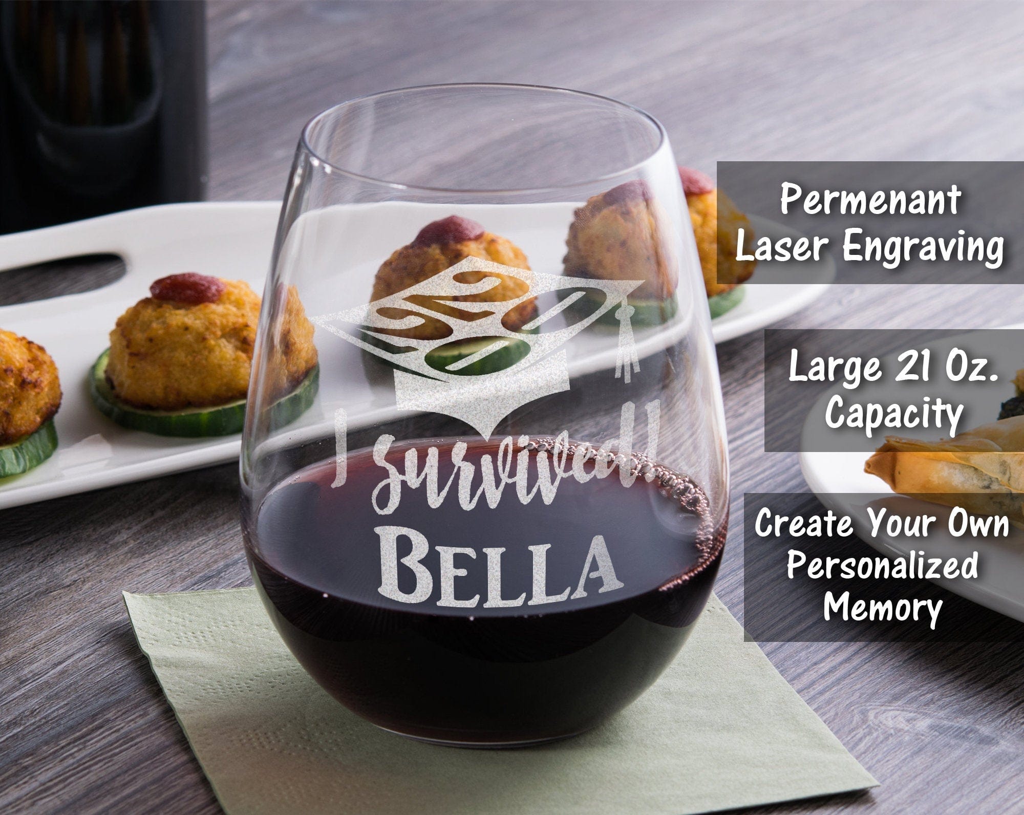 GRADUATION I Survived! ONE Graduation Party Gifts for Women Stemless Wine Glass Class of 2020 Personalized Tassel College Grad Table Decoration Glasses