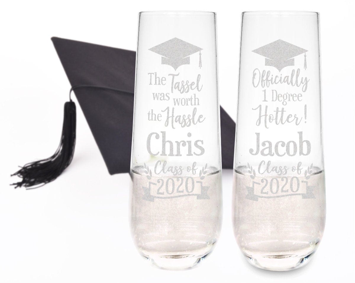 GRADUATION One Personalized Etched Graduation Party Favors 2020 College Decoration Gifts for The Graduate Tassel Stemless Champagne Flute for Women Men