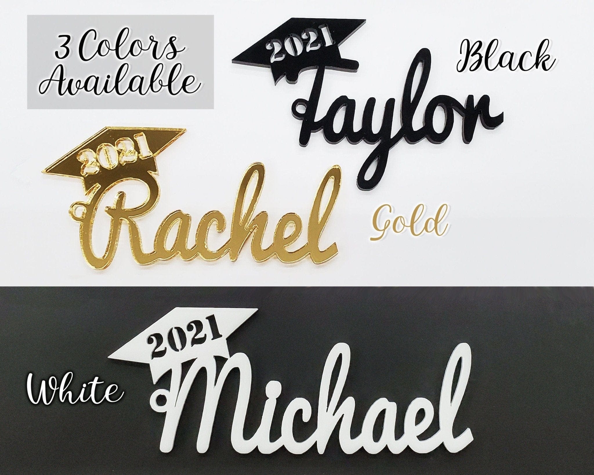 GRADUATION Personalized Name Tags 2022 Graduation Decorations Gold White Acrylic Party Favors Graduation Gifts Cap Topper High School Senior Year Life