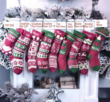 CHRISTMAS STOCKINGS Knitted Christmas Stockings Red IVORY Green Fun Snowflake Family with Pets Cat Mouse Meow and Dog Bone Woof Knit Personalized Embroidered