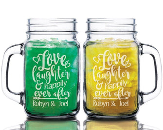 WEDDINGS Love Laughter & Happily Ever After Set of 2 Custom Mason Jar Wedding Gift for Bride Groom Engaged Anniversary Gift Idea for Couples Man Wife