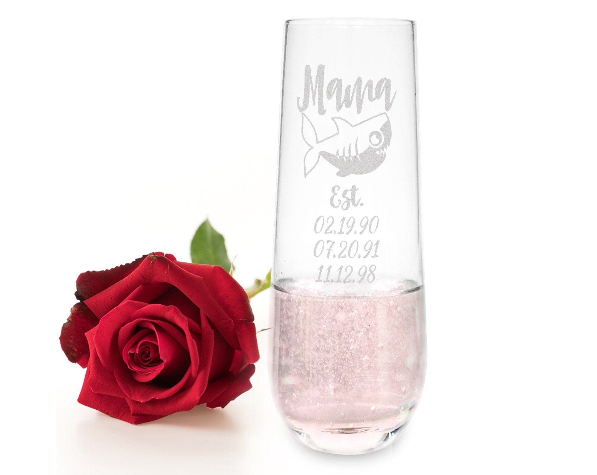 Mama Shark Est. Children Novelty Stemless Champagne Glass First Mothers Day Gift from Daughter, Son Baby Shower for New Mom Wife Birthday - Stocking Factory