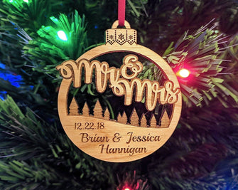 CHRISTMAS ORNAMENTS Mr and Mrs Christmas Ornament Engraved Personalized Rustic Holiday Wedding Gift Favor for Bride Groom Couples Just Married Ornaments Custom