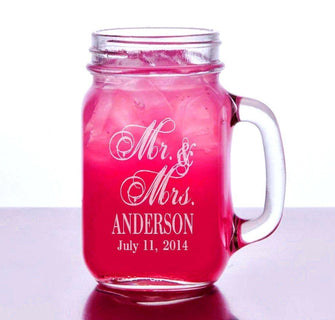 COUPLES GIFTS Mr Mrs Etched Mugs with Handle Mason Jar Glasses Custom Wedding Party Bridesmaid Gift Groomsmen Favor Wedding Favors Set of 2