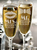 Mrs Mr Personalized Lips Tie Set of 2 Custom Champagne Flutes, Wedding Gift, Bride Groom Champagne Glasses, Laser Engraved with Name & Date - Stocking Factory