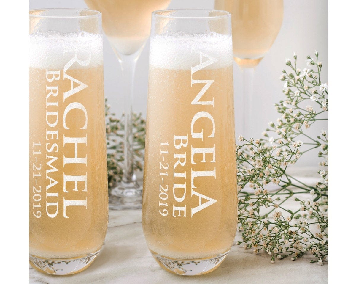 WEDDINGS Name Glass Stemless Champagne Flutes Bridal Party Gifts for Her Custom Proposal Bride Engraved Wine Idea Personalized Maid of Honor Flute