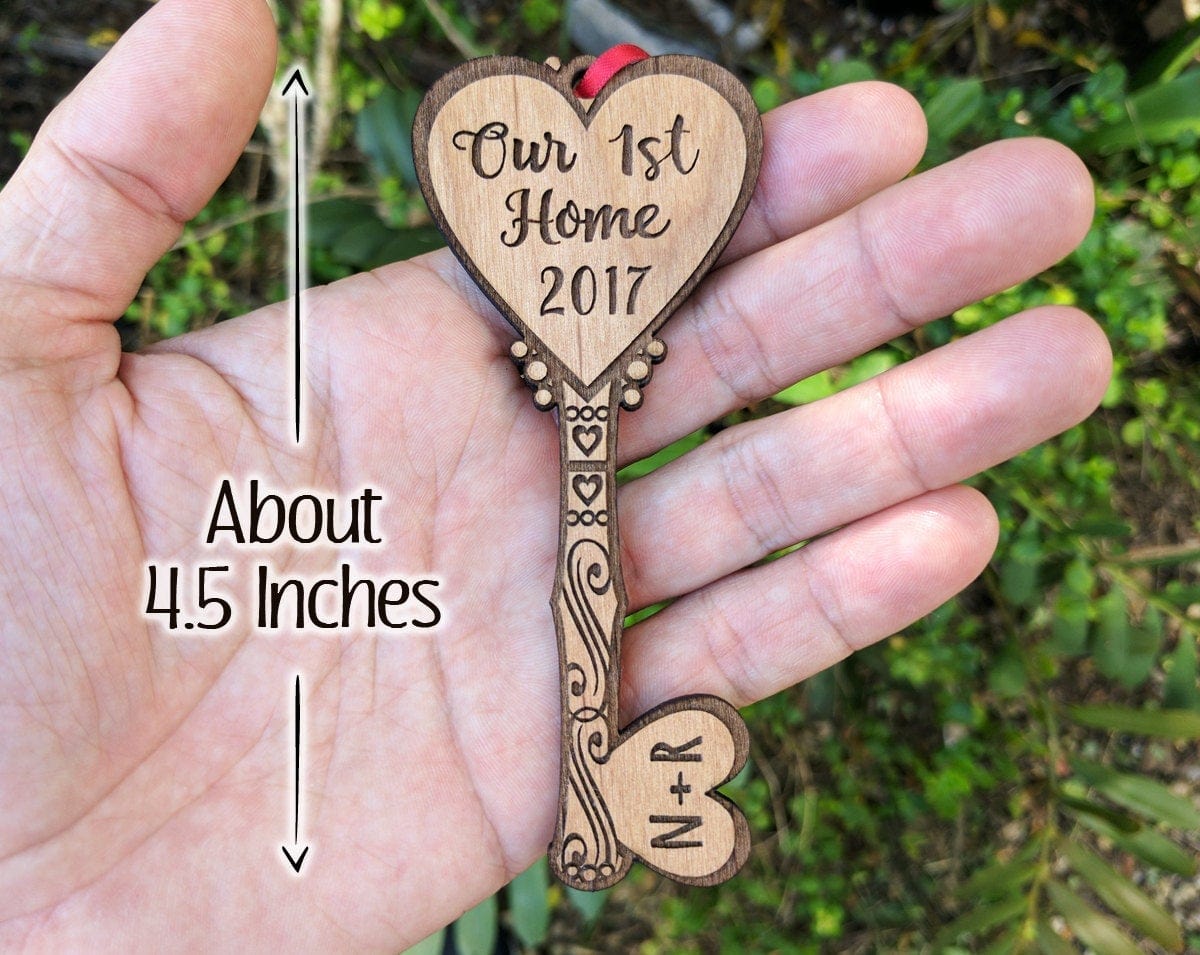 CHRISTMAS ORNAMENTS Our NEW Home Key House Custom Ornament Couples Housewarming Home Decor Personalized Wood Key Ornament First Christmas in Our New Home Gift