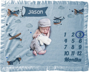 FOR KIDS & BABIES Personalized Baby Milestone Blanket Boy | Airplane | Personalized Monthly Milestone Blanket | Gift for Boys Baby Shower | Photo Prop
