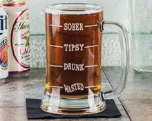 Personalized Drinkware 16 Oz SOBER Tipsy Drunk WASTED Funny Beer Glass Mug Engraved Gag Gift Idea Presents for Men Guys Him Humor Fun Stuff Beer Drinker Gifts