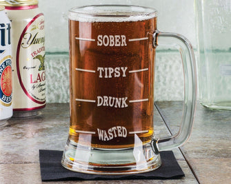 Personalized Drinkware 16 Oz SOBER Tipsy Drunk WASTED Funny Beer Glass Mug Engraved Gag Gift Idea Presents for Men Guys Him Humor Fun Stuff Beer Drinker Gifts