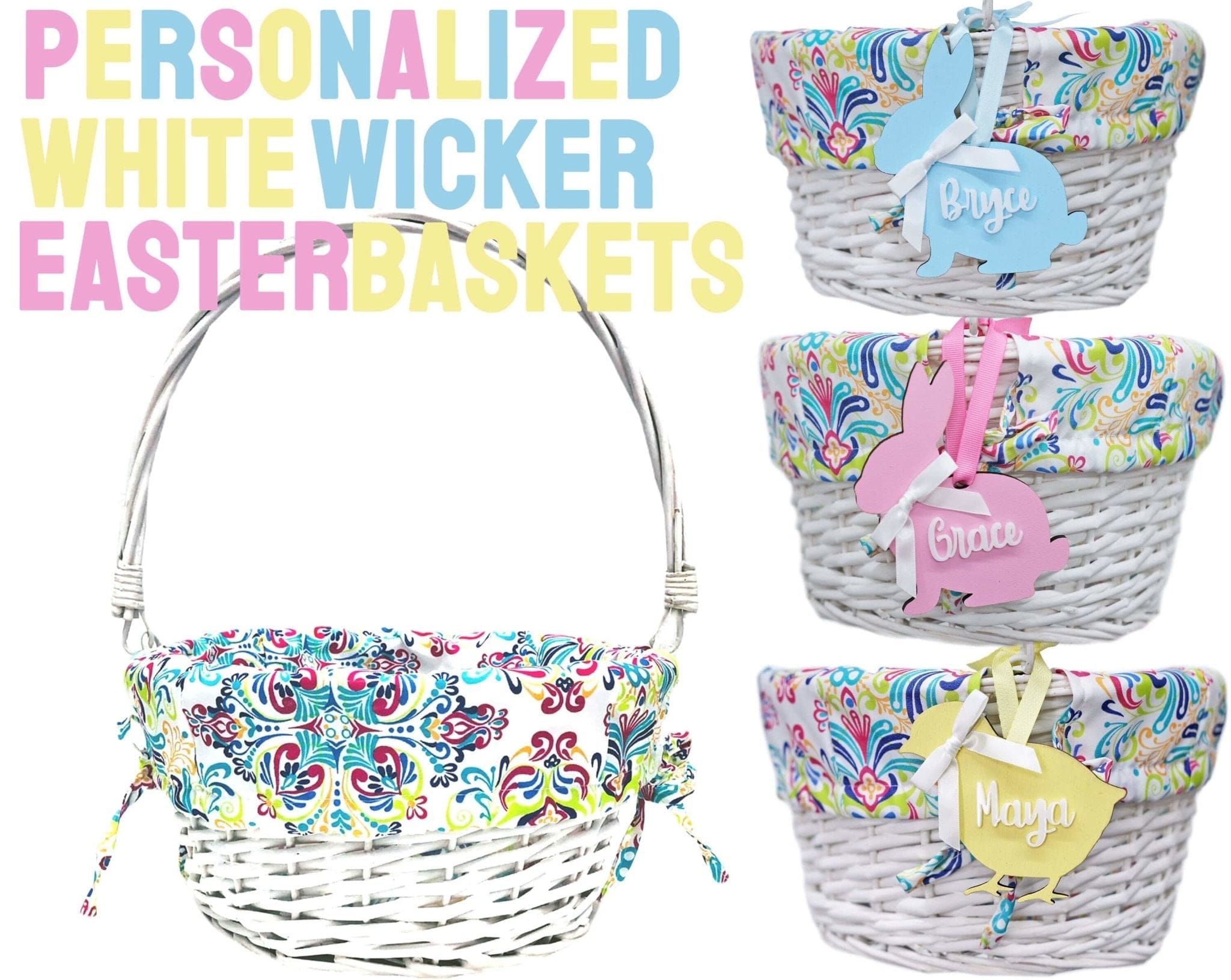 EASTER Personalized Easter Basket Easter Baskets Folding Handle White Wicker Easter Basket Blue Green Purple Pink For Boys Girls White Yellow