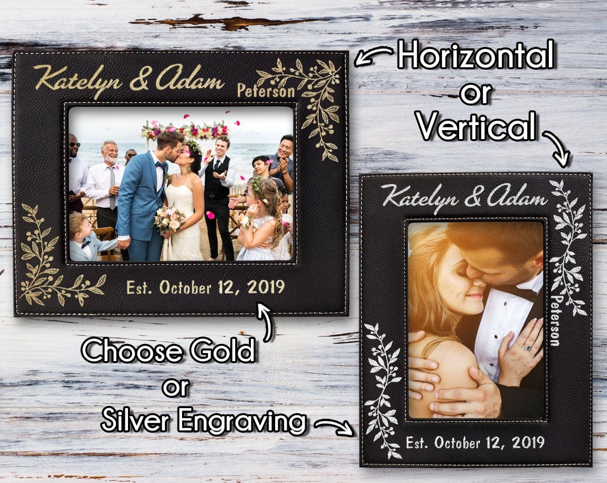 Personalized Gold or Silver Engraved Mr Mrs Couples First Anniversary Wedding Photo Frame New Wife Husband Groom Bride for Mom Dad Granny - Stocking Factory