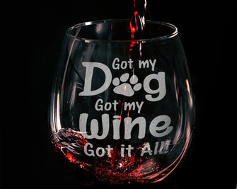 PET GIFTS Custom Dog Mom New Christmas Puppy Gift Funny Dog Lover Stemless Wine Glass Laser Etched Glassware Got my Dog Got my Wine Rescue Adoption