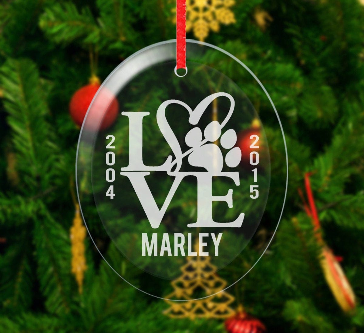 PET GIFTS Dog Cat Heart Paw | Glass Ornament