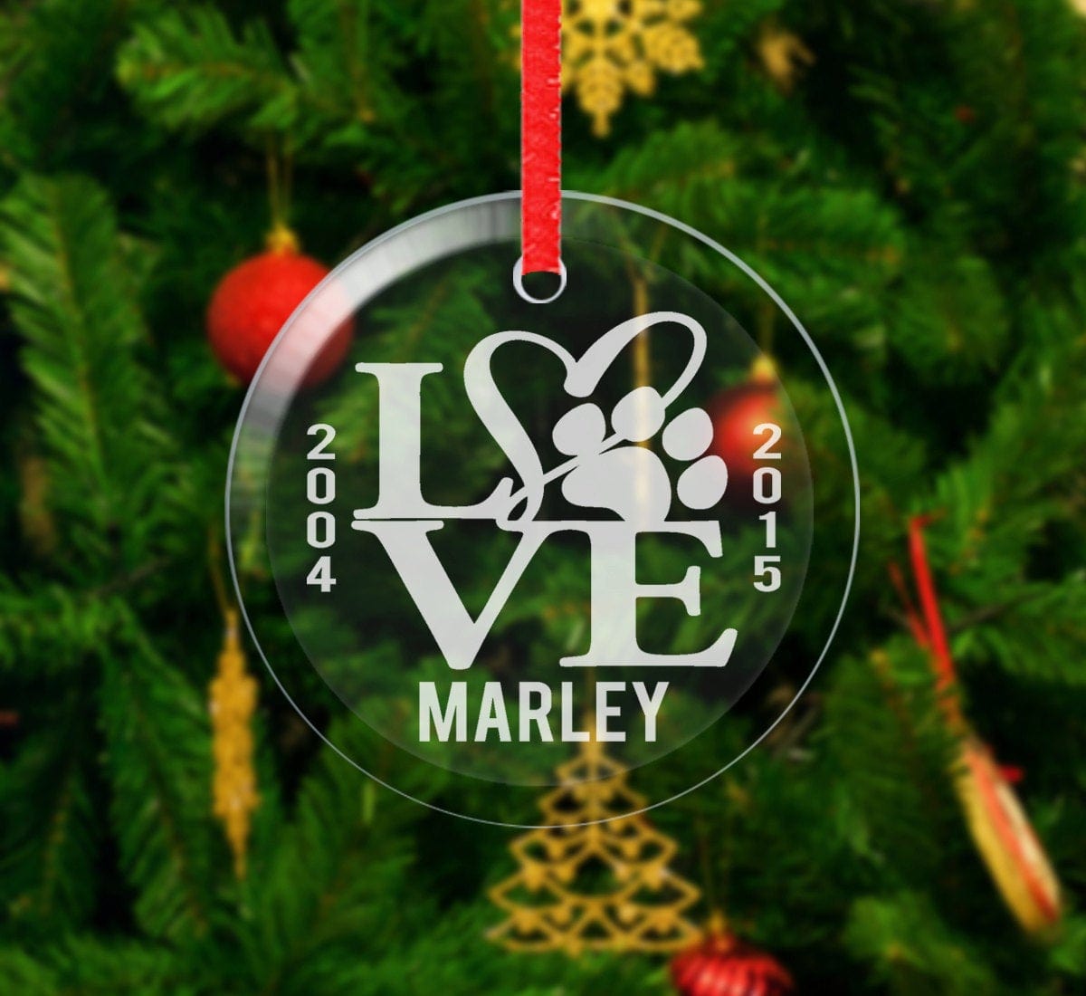 PET GIFTS Dog Cat Heart Paw | Glass Ornament