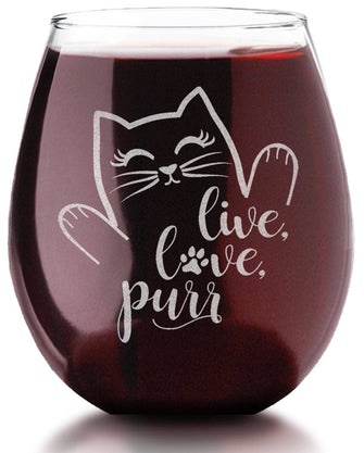 PET GIFTS Live Love Purr Cat Wine Glass Cat Lady Gifts for Cat Lover Rescue Animal Owner Pet Mom Dad Stemless Engraved Birthday for Sister Wife Gift
