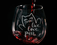 PET GIFTS Live Love Purr Cat Wine Glass Cat Lady Gifts for Cat Lover Rescue Animal Owner Pet Mom Dad Stemless Engraved Birthday for Sister Wife Gift