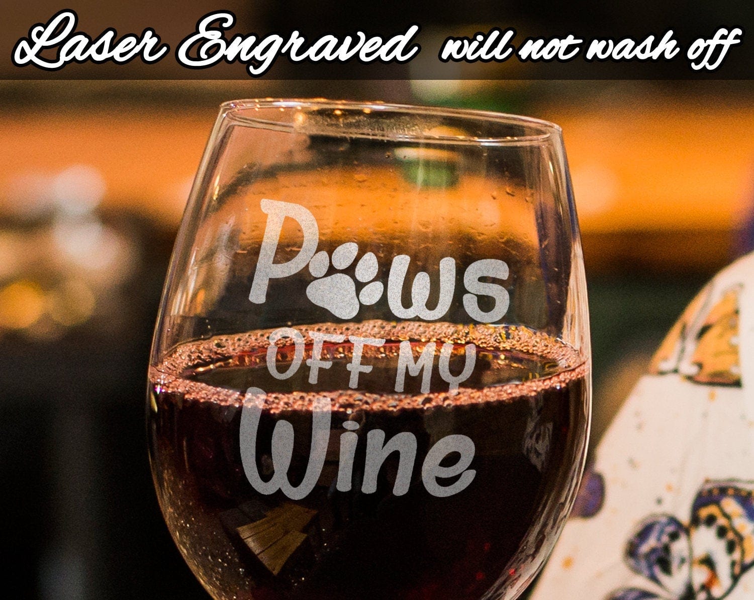PET GIFTS Paws off my Wine Funny Dog Lover Stemless Wine Glass for Wine Lovers Pet Mom Dad Birthday Puppy Gift Fur Mama Animal Owner Engraved Gifts