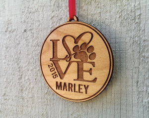 PET GIFTS Personalized Pet Ornament Gift With Love Paw Print Pets Name and Date Ornament Dog Cat Christmas Gift Custom Engraved Wood Tree Ornament