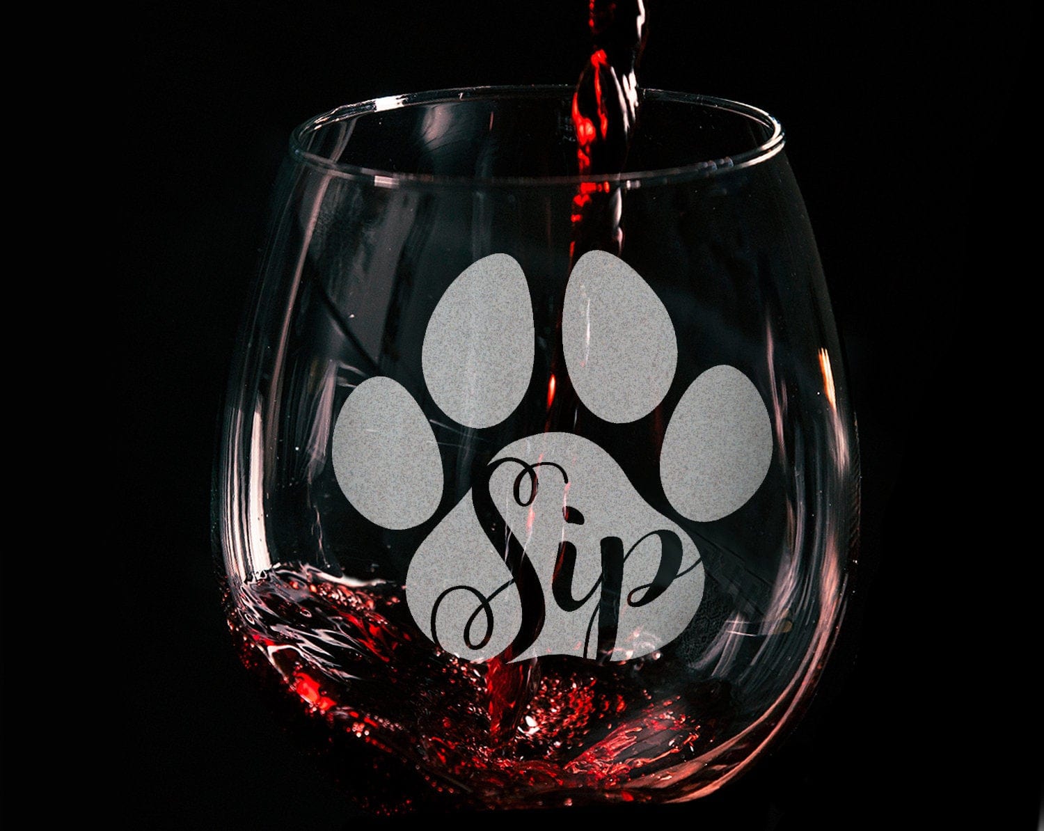 PET GIFTS Sip Engraved Stemless Wine Glass Dog Cat Paw Print Pet Owner Cute Cup First Puppy Rescue Cat Lady Animal Lovers Birthday Present Dog Mama