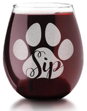 PET GIFTS Sip Engraved Stemless Wine Glass Dog Cat Paw Print Pet Owner Cute Cup First Puppy Rescue Cat Lady Animal Lovers Birthday Present Dog Mama